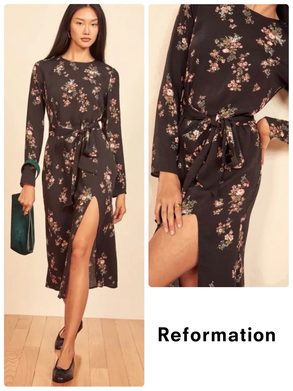 Reformation Jeana Long Sleeve High Slit Relaxed Tie Waist Midi Dress in Marisol